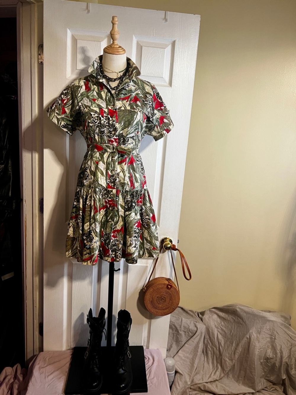 Vintage Wms Cotton Jungle Safari Animal Print Utility Pleated Mini‎ Dress S